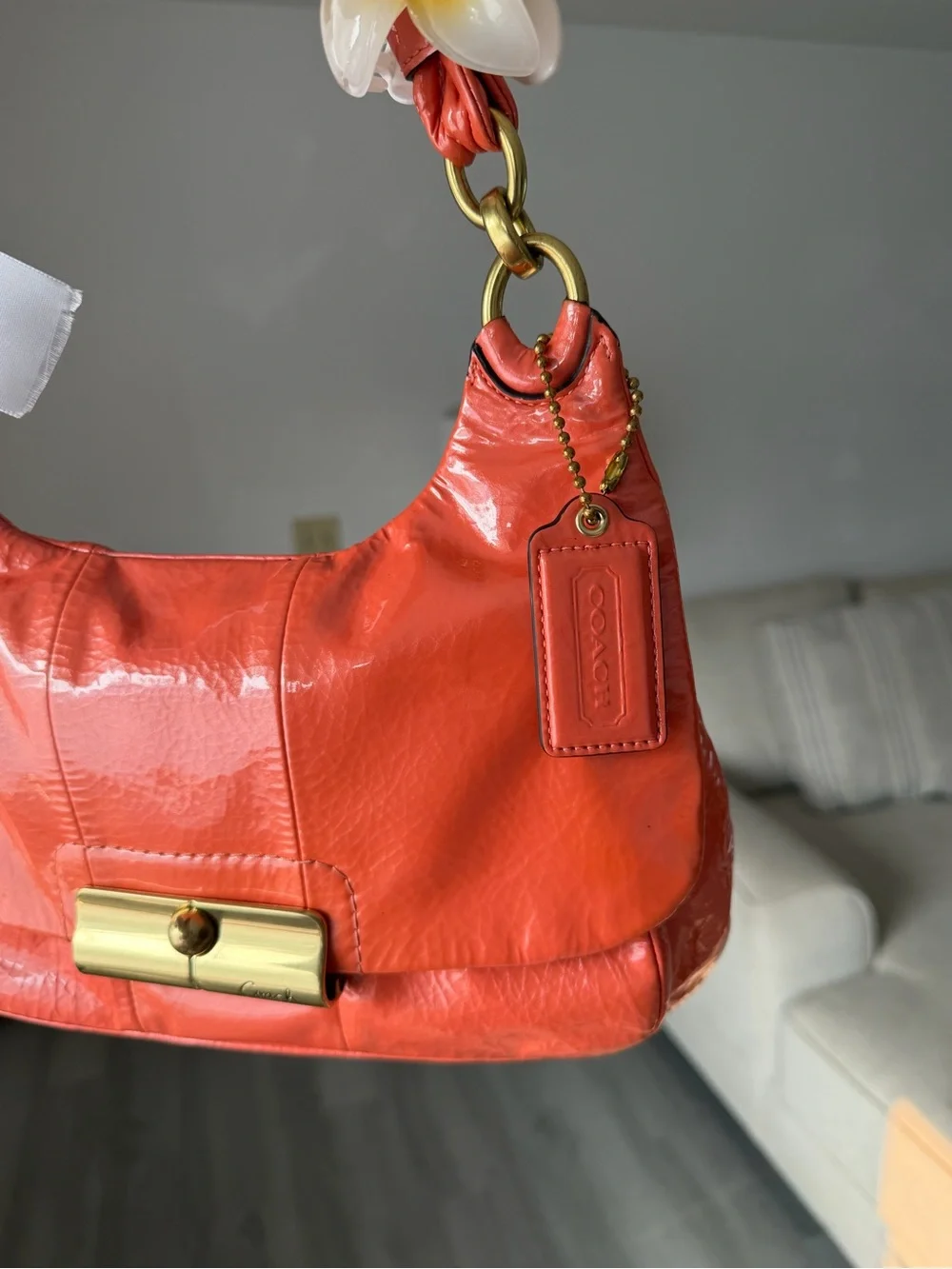 Coach Coral Orange Patent Leather Shoulder Bag with Gold Hardware